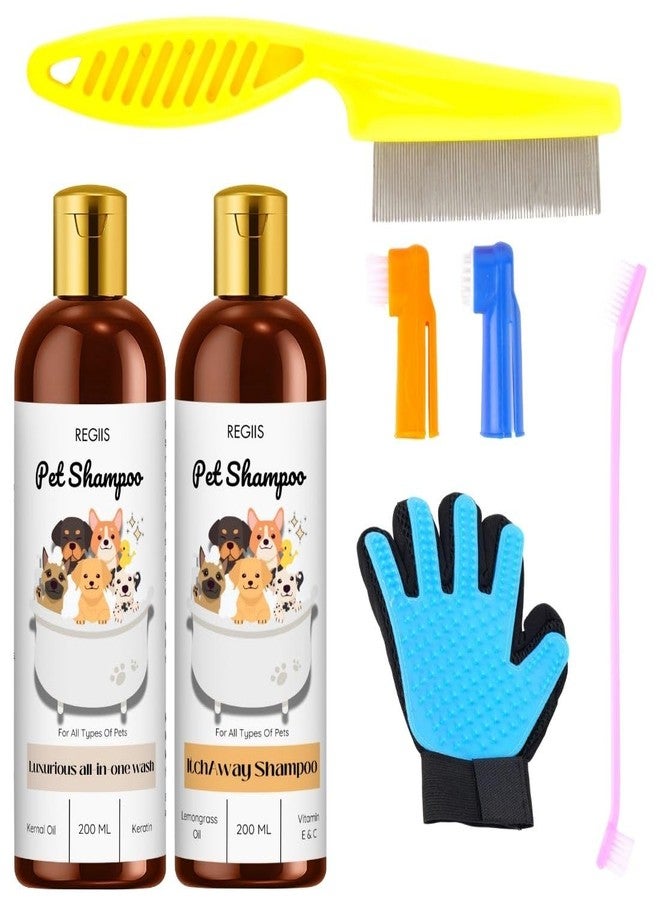 Regiis Pet Shampoo Set with Grooming Tools, 200ml All-in-One and Anti-Itch Formula, Includes Deshedding Glove and Combs(Pack of 5) - Image 1